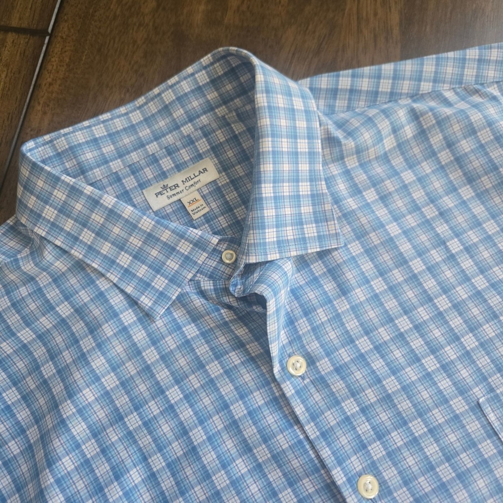Peter Millar Summer Comfort Mens XXL Blue Plaid Long Sleeve Button Down Shirt